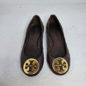 Tory Burch Quinn Quilted Brown Ballet Shoes In Size 5M